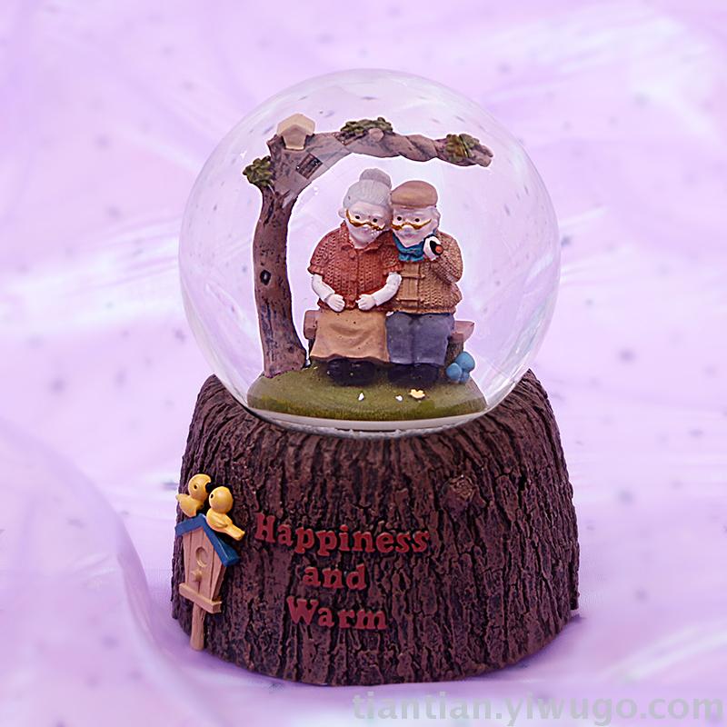 Resin crafts set up a couple old lady Crystal ball music box dream luminous snowflake music box