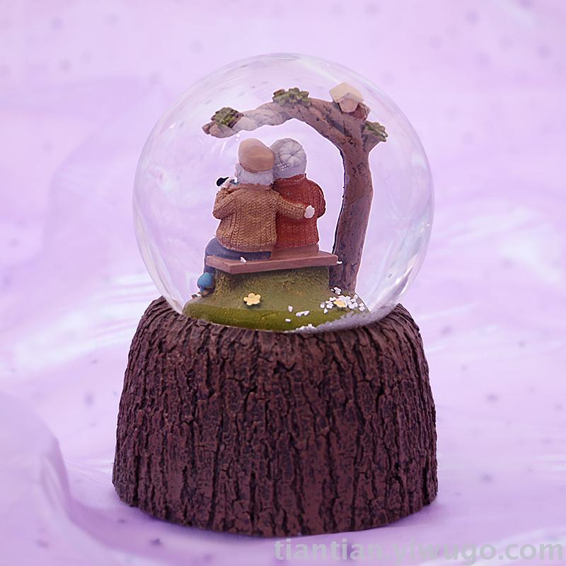 Resin crafts set up a couple old lady Crystal ball music box dream luminous snowflake music box