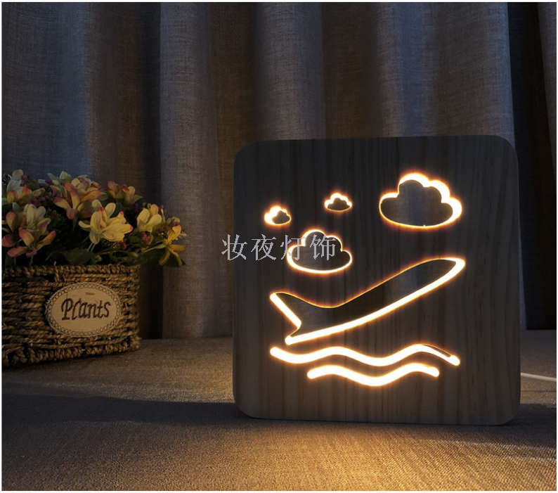 Cross-border new aircraft wood crafts solid wood carving creative 3D bedroom lights
