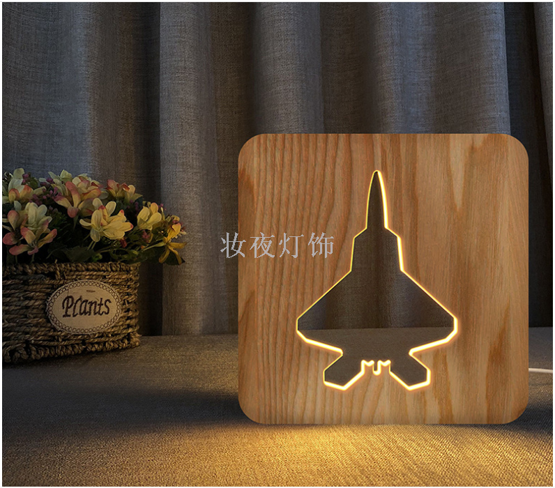 Cross-border new aircraft wood crafts solid wood carving creative 3D bedroom lights