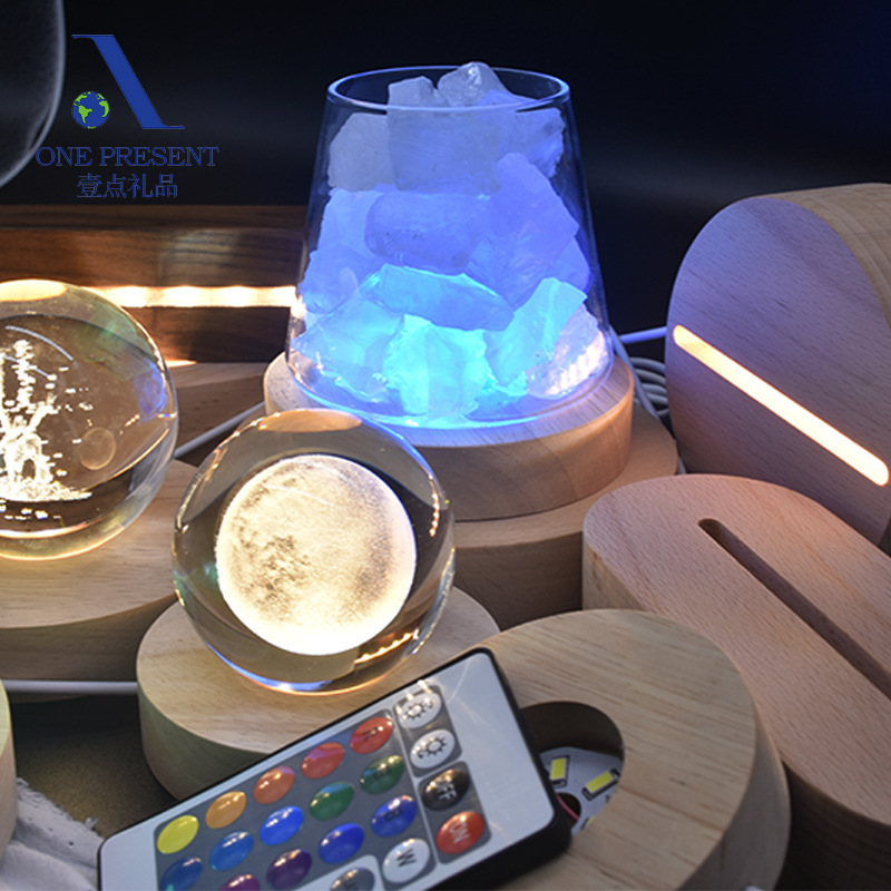 round Crystal Luminous Wooden Base Solid Wood Led Small Night Lamp Base USB Power Small Crystal Crafts