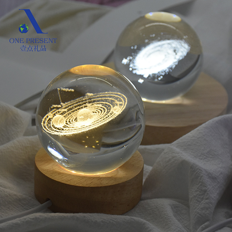 round Crystal Luminous Wooden Base Solid Wood Led Small Night Lamp Base USB Power Small Crystal Crafts