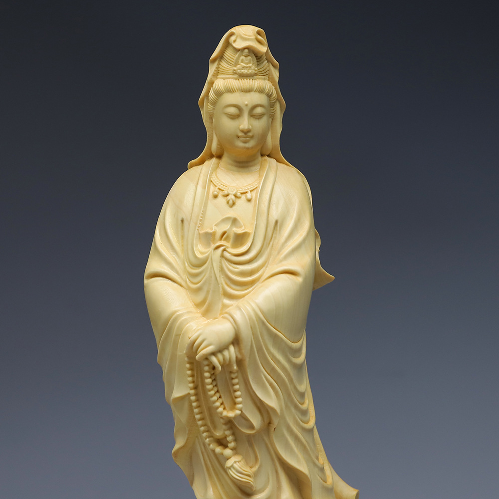 Boxwood Craft Guanyin Bodhisattva/Buddha Statue Offering Home Office Decorations Beads Guanyin Ornaments Crafts