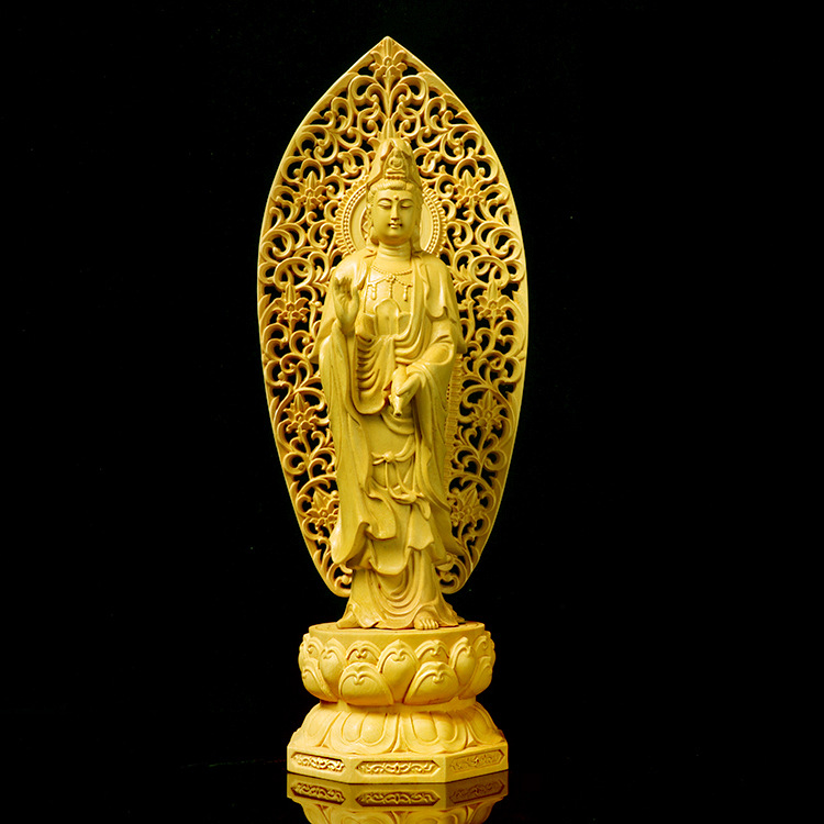 Factory Wholesale Boxwood Craft Crafts Guanyin Sakya Buddha Ornament Back Screen Western Trinity