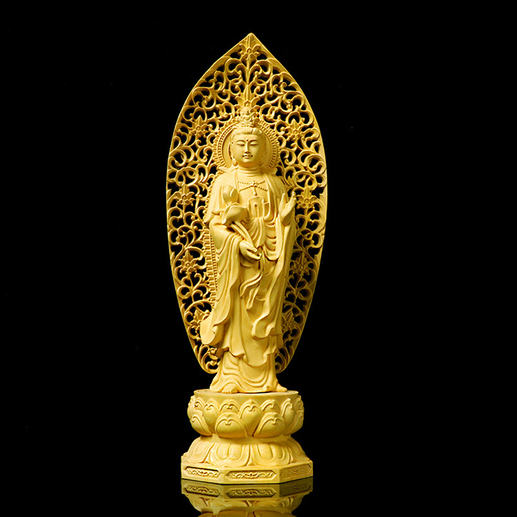 Factory Wholesale Boxwood Craft Crafts Guanyin Sakya Buddha Ornament Back Screen Western Trinity