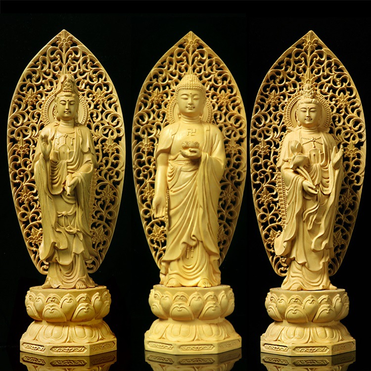 Factory Wholesale Boxwood Craft Crafts Guanyin Sakya Buddha Ornament Back Screen Western Trinity