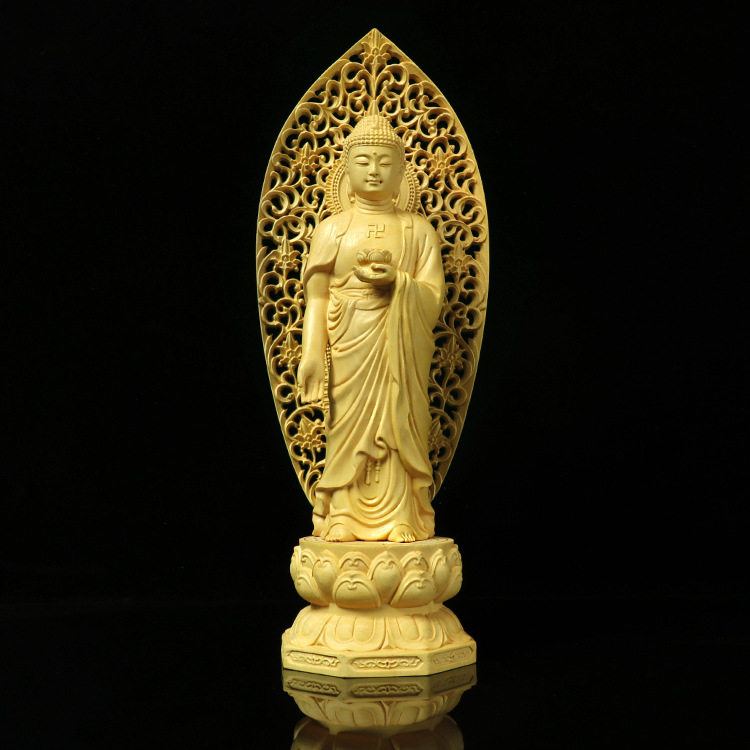 Factory Wholesale Boxwood Craft Crafts Guanyin Sakya Buddha Ornament Back Screen Western Trinity
