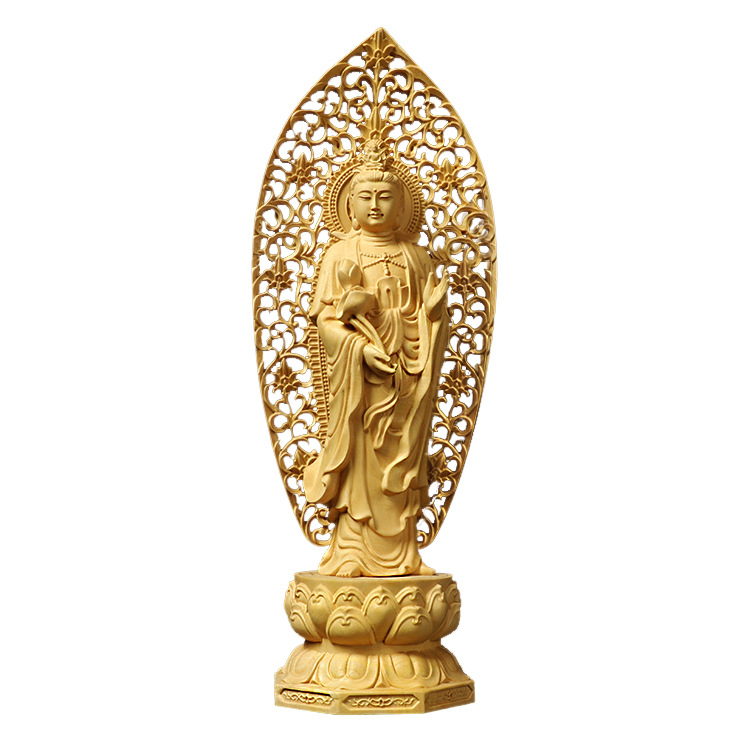 Factory Wholesale Boxwood Craft Crafts Guanyin Sakya Buddha Ornament Back Screen Western Trinity