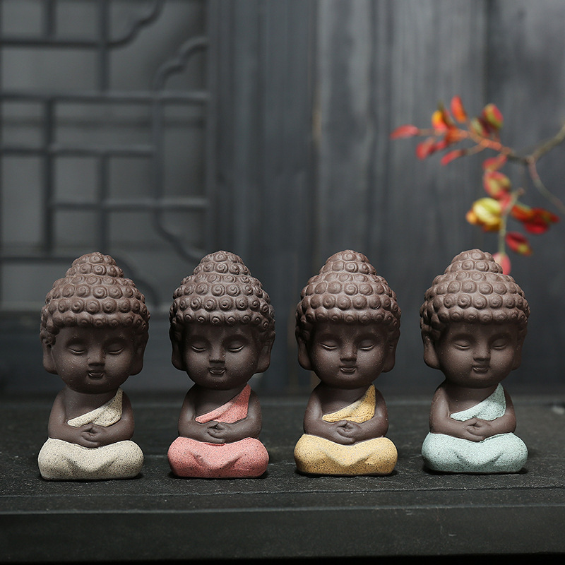 Boutique Ceramic Handmade Tea Ornaments Buddha Statue Small Buddha Yixing Clay Colored Clay Little Monk Car Decoration
