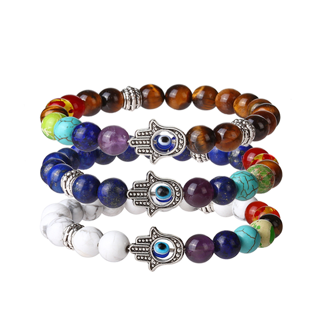Exclusive for Cross-Border Amazon Hot Sale Buddha Beads Volcanic Rock Colorful Energy Hand Fatima Palm Eye Bracelet