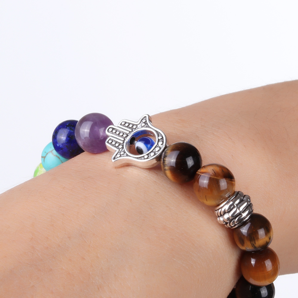 Exclusive for Cross-Border Amazon Hot Sale Buddha Beads Volcanic Rock Colorful Energy Hand Fatima Palm Eye Bracelet