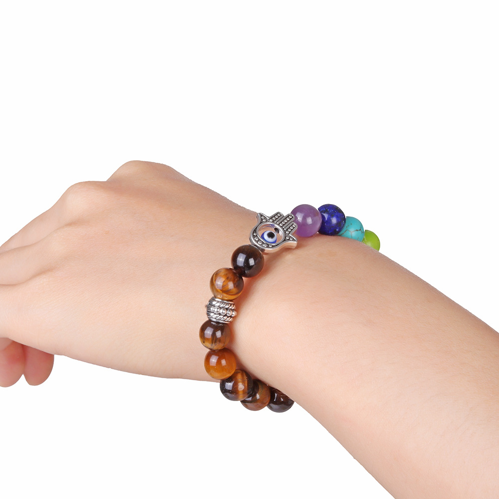 Exclusive for Cross-Border Amazon Hot Sale Buddha Beads Volcanic Rock Colorful Energy Hand Fatima Palm Eye Bracelet