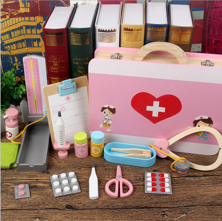 Wooden Children&#039;s Toy First Aid Kit Simulation Wooden Toy Parent-Child Interactive Medicine Box Doctor Role Play