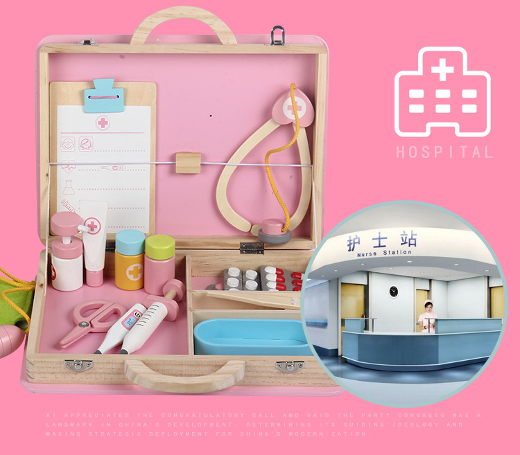 Wooden Children's Toy First Aid Kit Simulation Wooden Toy Parent-Child Interactive Medicine Box Doctor Role Play