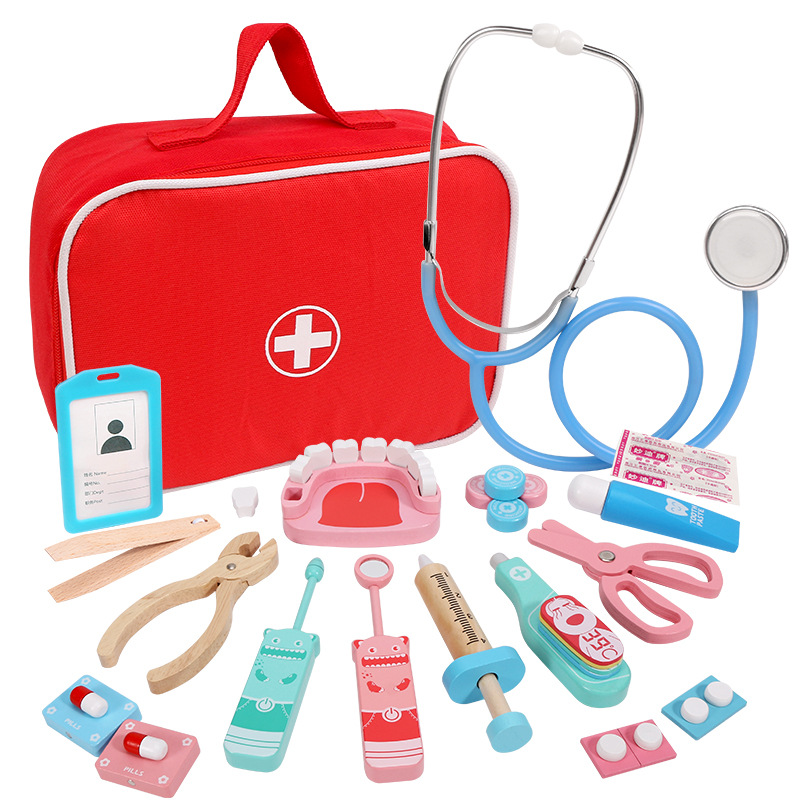 Wooden Children Play House Red Cloth Bag First-Aid Kit Medicine Box Toy Simulation Injection Dental Role Play