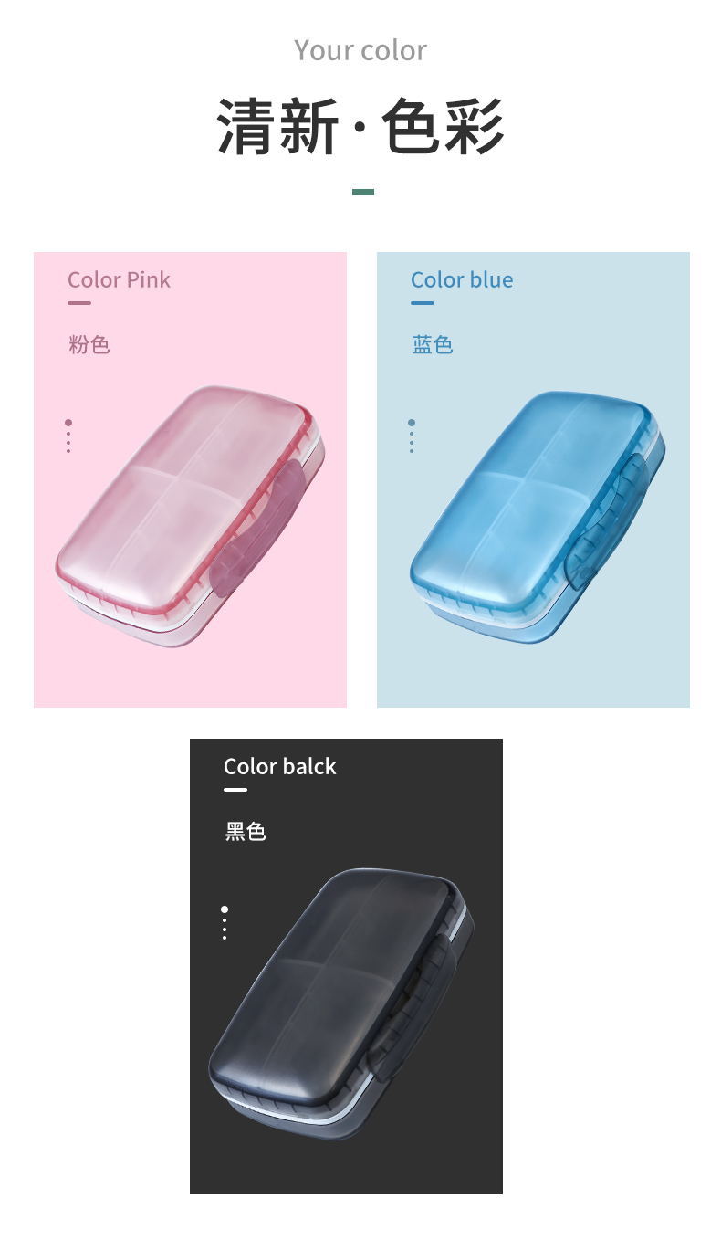 Large Capacity Portable Eight Grid Plastic Medicine Box with Seal Ring Multi-Color Optional 7-Day Drug Storage Box