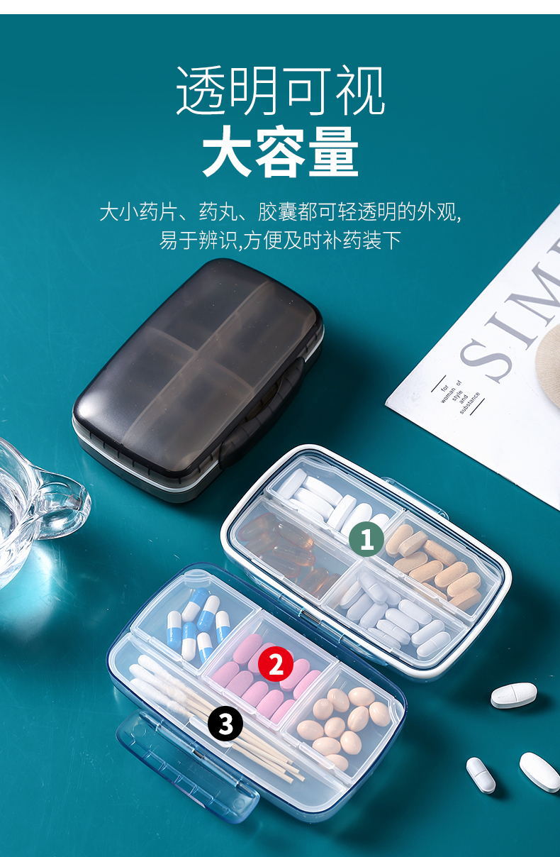 Large Capacity Portable Eight Grid Plastic Medicine Box with Seal Ring Multi-Color Optional 7-Day Drug Storage Box
