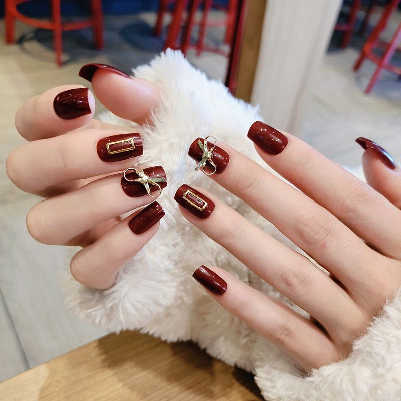 B170 Your Gift Red Bow Mid-Length Square Head Finished Nail Beauty Fake Nails Wear Nail Sticker Wholesale B170 Your Gift Red Bow Mid-Length Square Head Finished Nail Beauty Fake Nails Wear Nail Sticker Wholesale