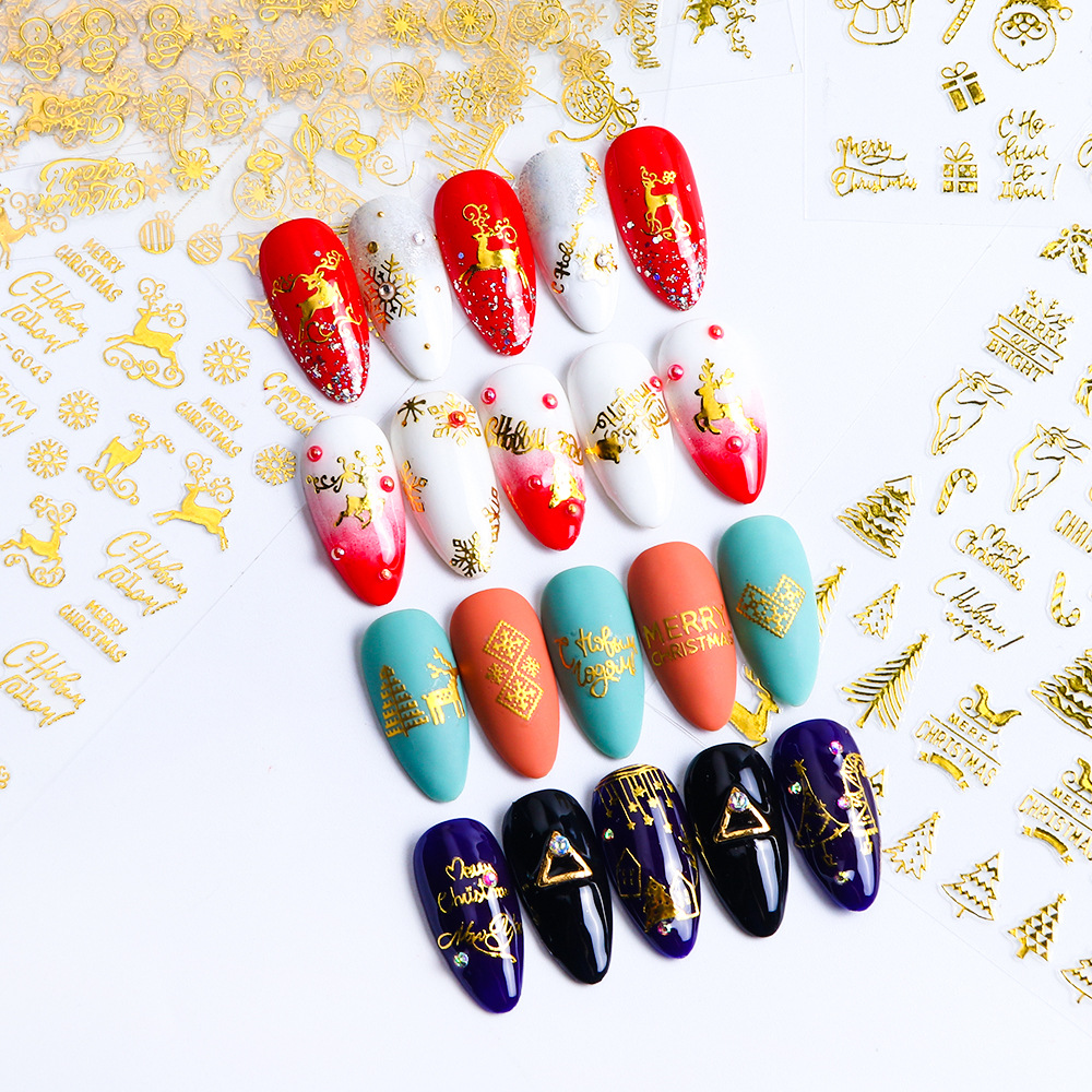 2019 Cross-Border New Manicure 3D Adhesive Sticker Red Gold Christmas English Letter Nail Fashion Decal Ins