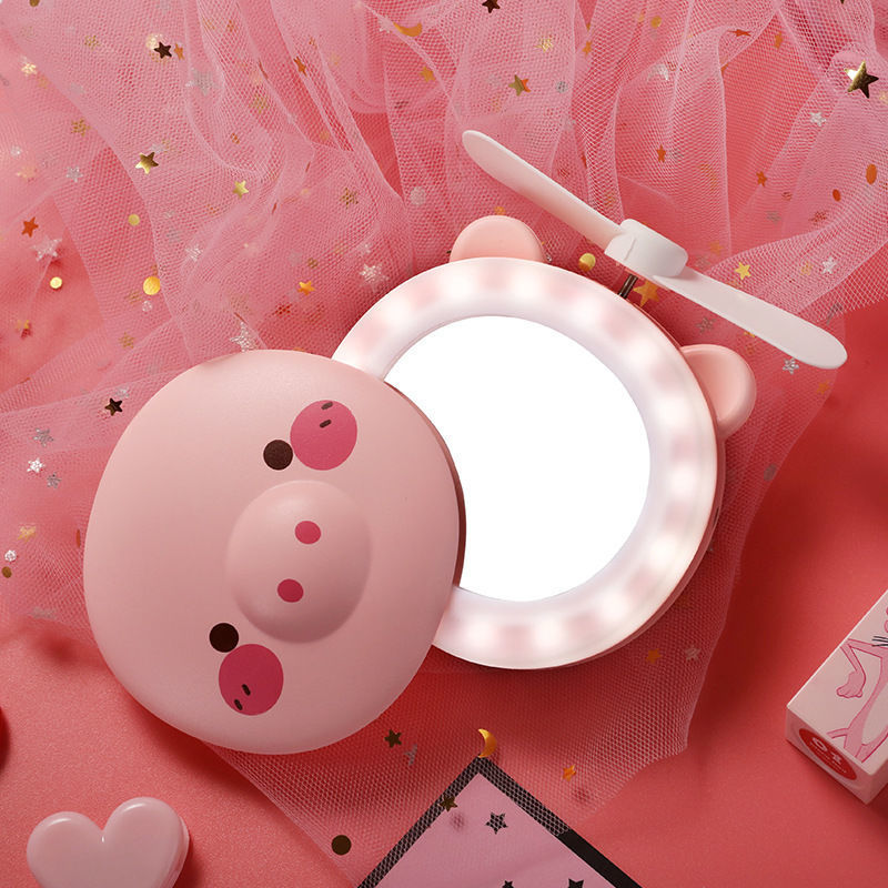 Piggy Ins Makeup Mirror Portable Portable Mini Cute Folding LED Light Little Fan USB Rechargeable