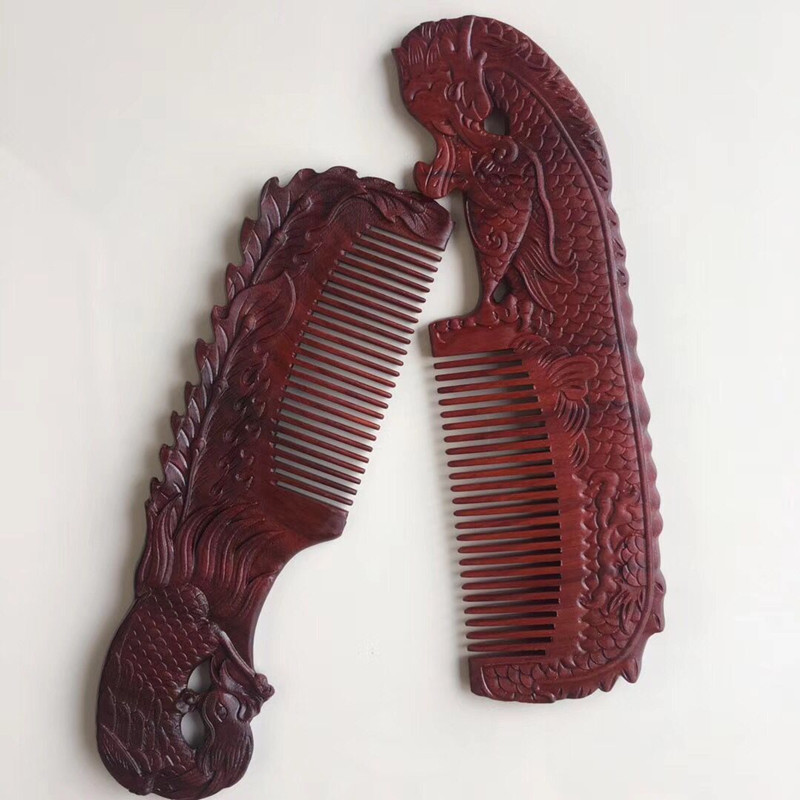 Comb vintage solid wood with handle comb carved hollow wood comb