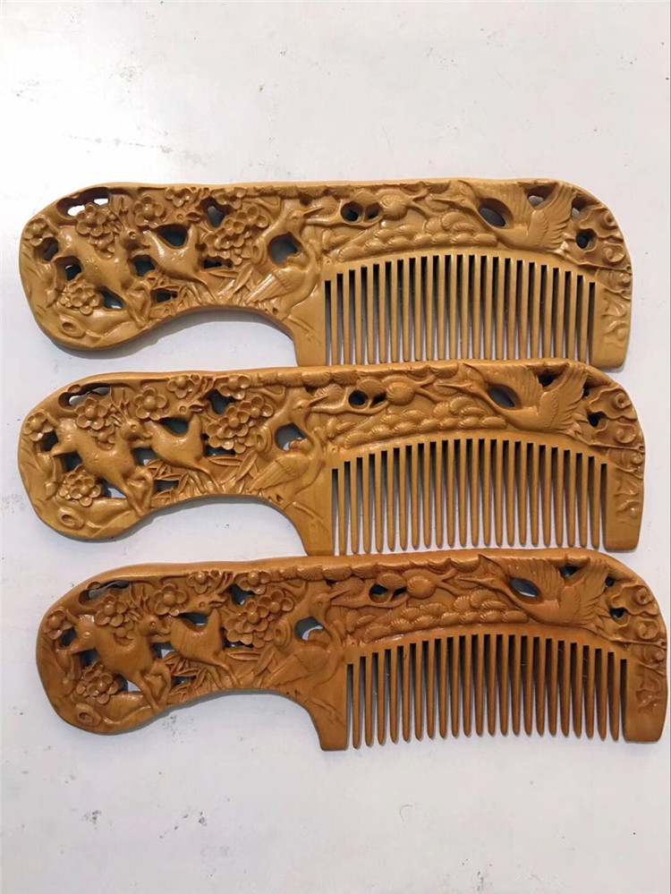 Comb vintage solid wood with handle comb carved hollow wood comb