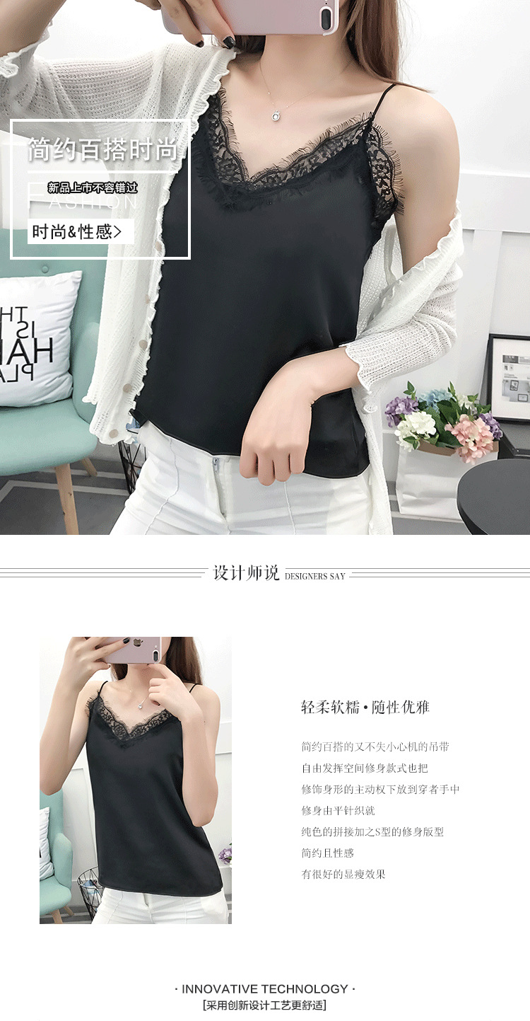 2020 Hong Kong Style Outerwear Camisole Women's Summer Sexy Slim-Fit Eyelashes Lace V-neck Chiffon Loose Base Shirt 2020 Hong Kong Style Outerwear Camisole Women's Summer Sexy Slim-Fit Eyelashes Lace V-neck Chiffon Loose Base Shirt
