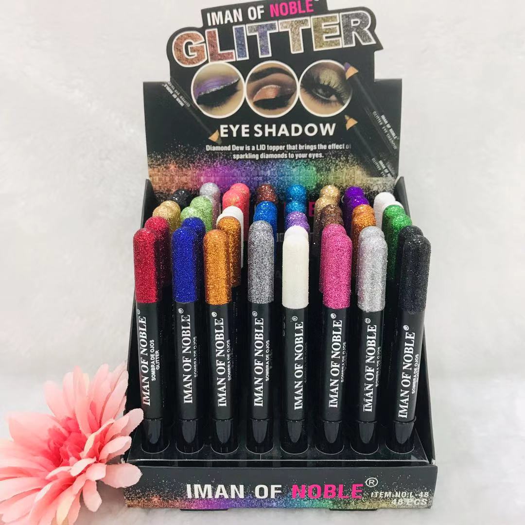 IMAN OF NOBLE's 18-color sequined eye shadow pencil shows the box lasts long without removing makeup