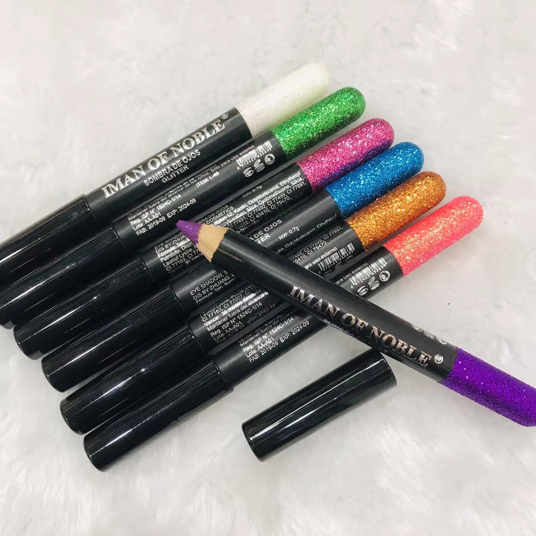 IMAN OF NOBLE&#039;s 18-color sequined eye shadow pencil shows the box lasts long without removing makeup