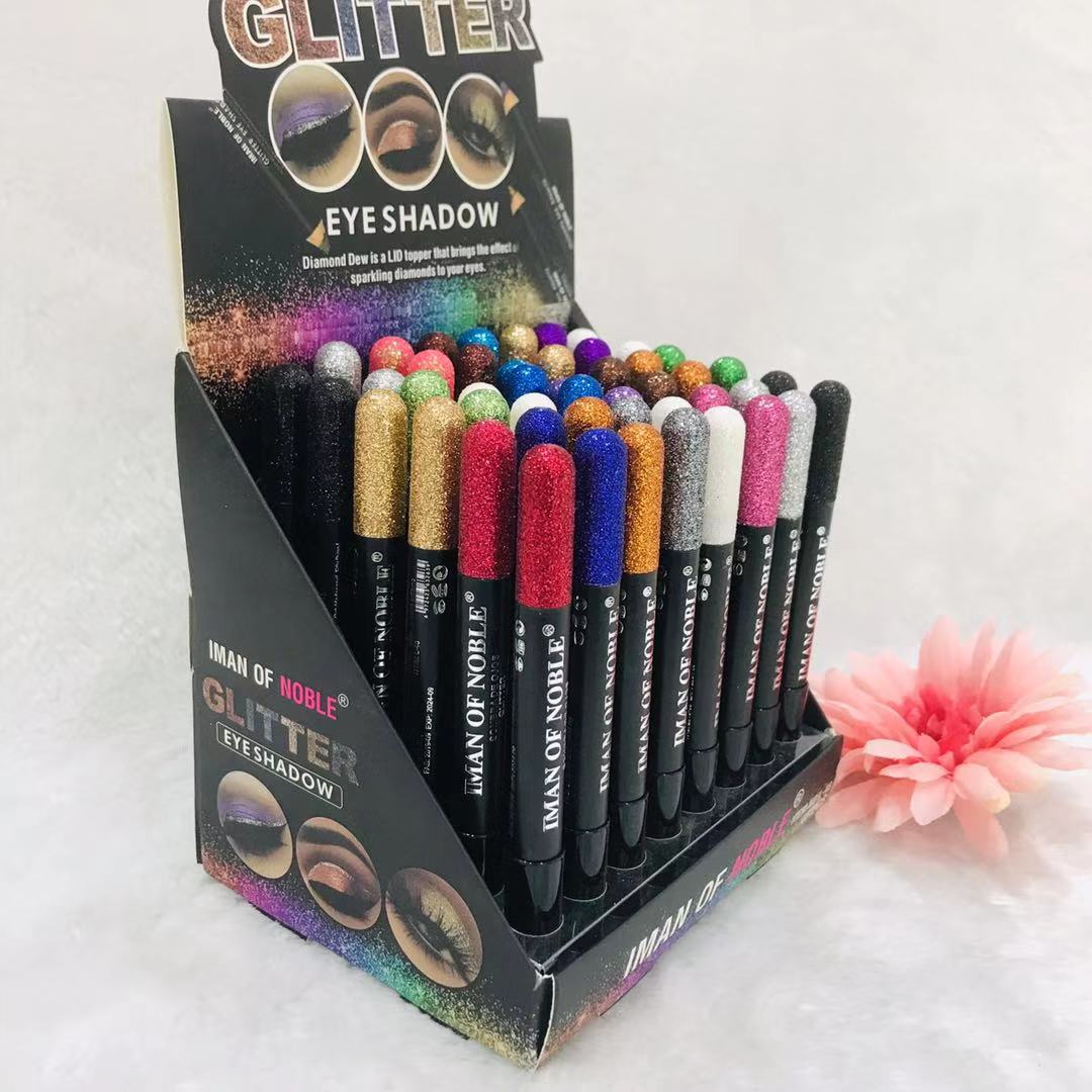 IMAN OF NOBLE's 18-color sequined eye shadow pencil shows the box lasts long without removing makeup
