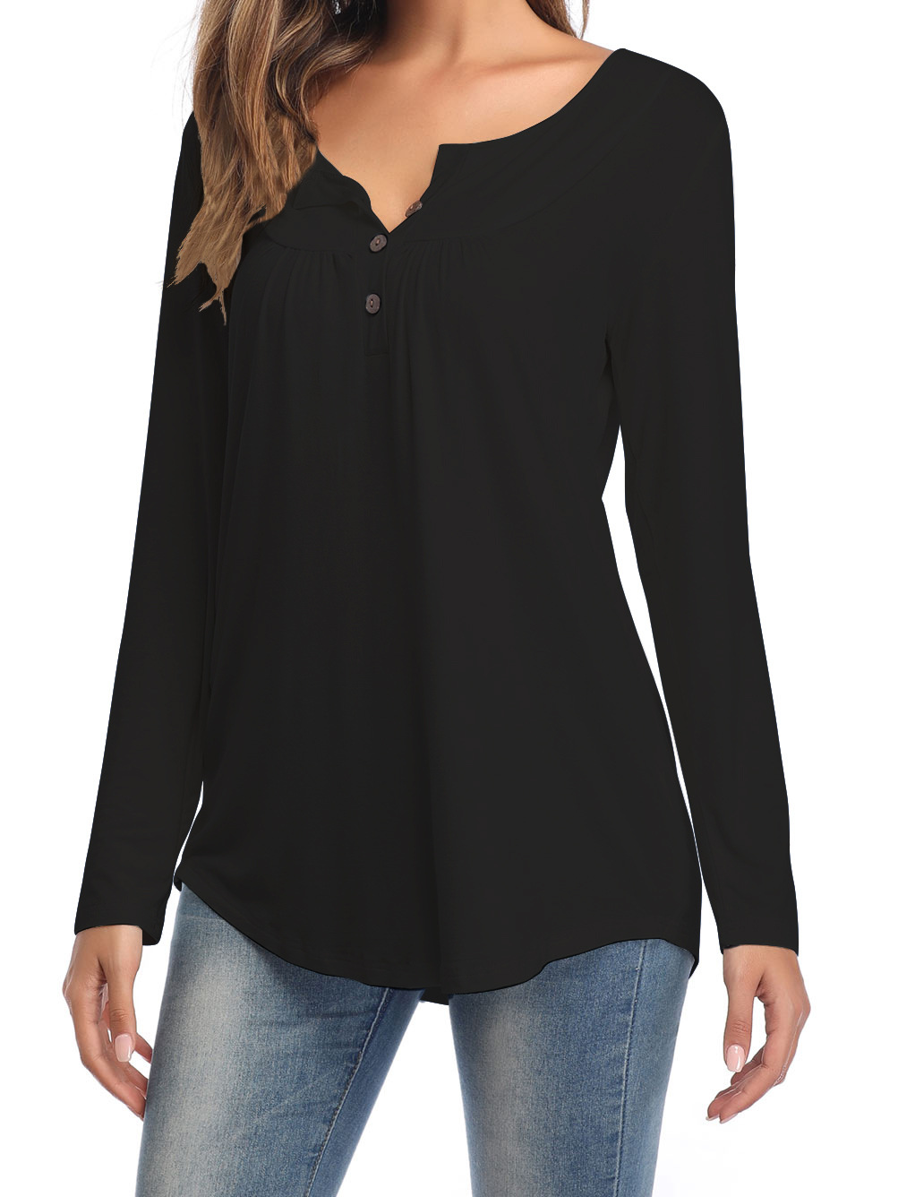 Amazon Popular 2019 Autumn New Large Size Dress V-neck Button Long-Sleeved Upper Garment Plain Pleated Loose T-shirt Amazon Popular 2019 Autumn New Large Size Dress V-neck Button Long-Sleeved Upper Garment Plain Pleated Loose T-shirt