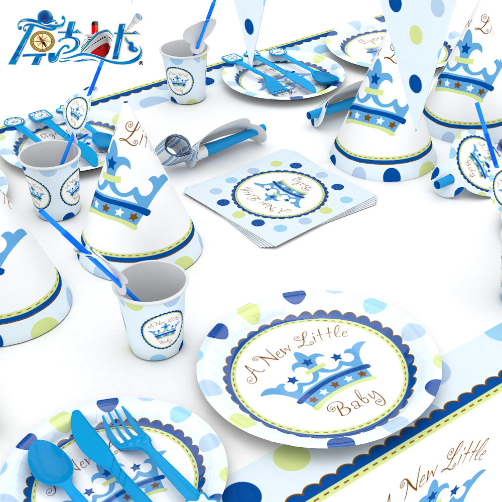 Crown Blue Theme Party Decoration Supplies Disposable Knife Fork Spoon Tablecloth Paper Cup Birthday Party Set Wholesale