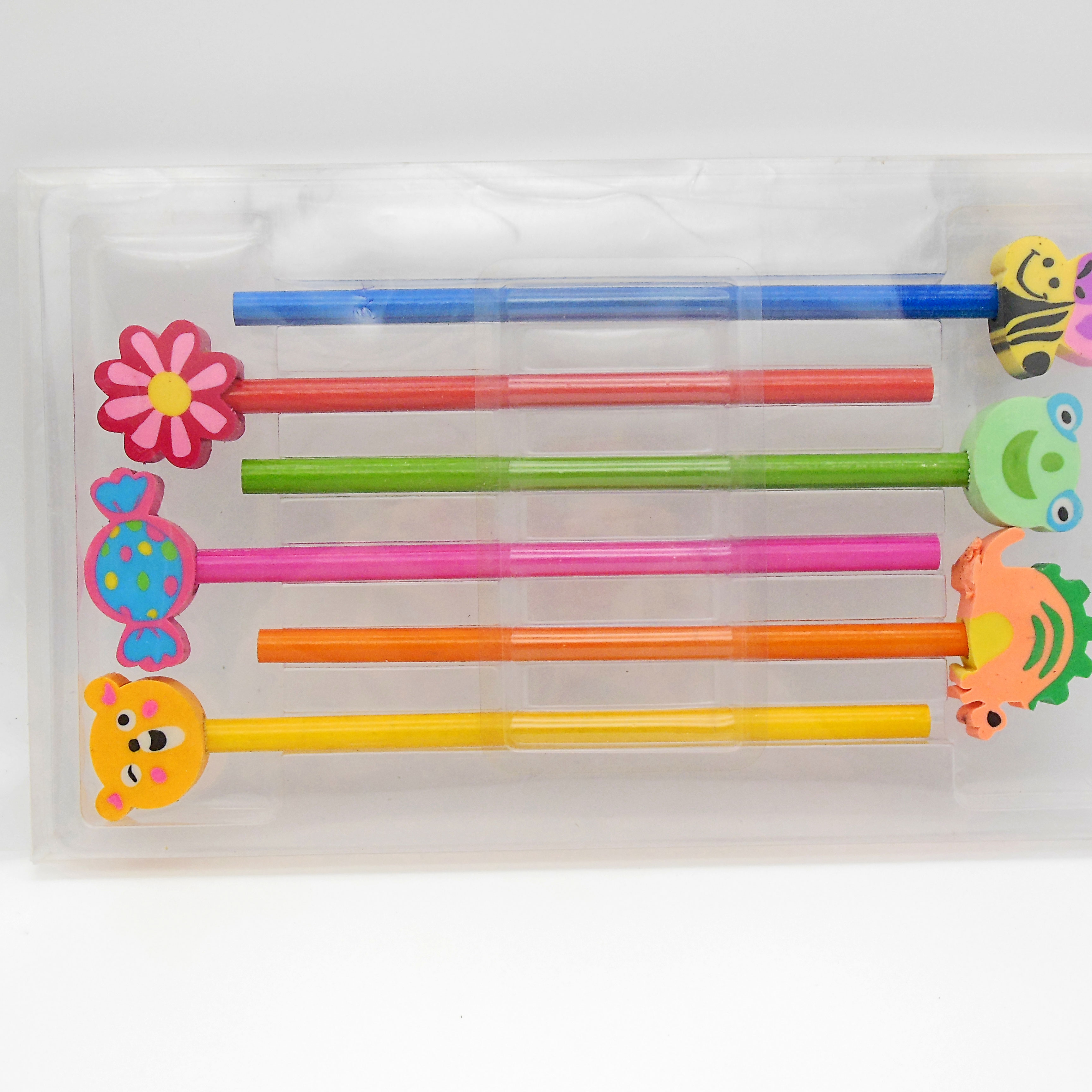 Six pencil with cartoon eraser toppers set for kids Six pencil with cartoon eraser toppers set for kids