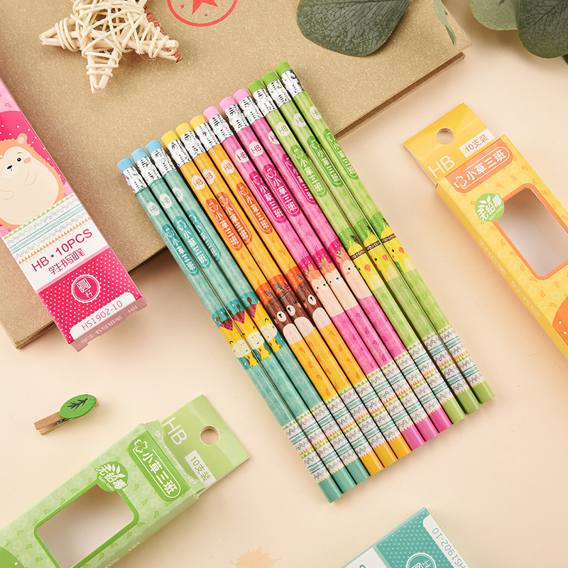Cartoon 10 PCs Boxed round Brush Pot Small Leather Tip HB Pencil Children&#039;s Regular Writing Stationery Wholesale