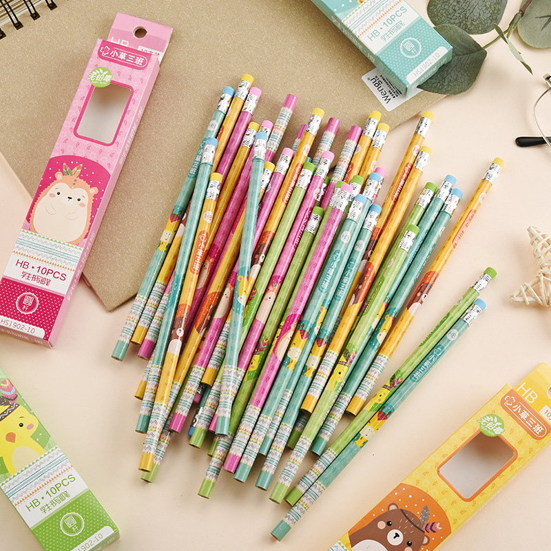 Cartoon 10 PCs Boxed round Brush Pot Small Leather Tip HB Pencil Children&#039;s Regular Writing Stationery Wholesale