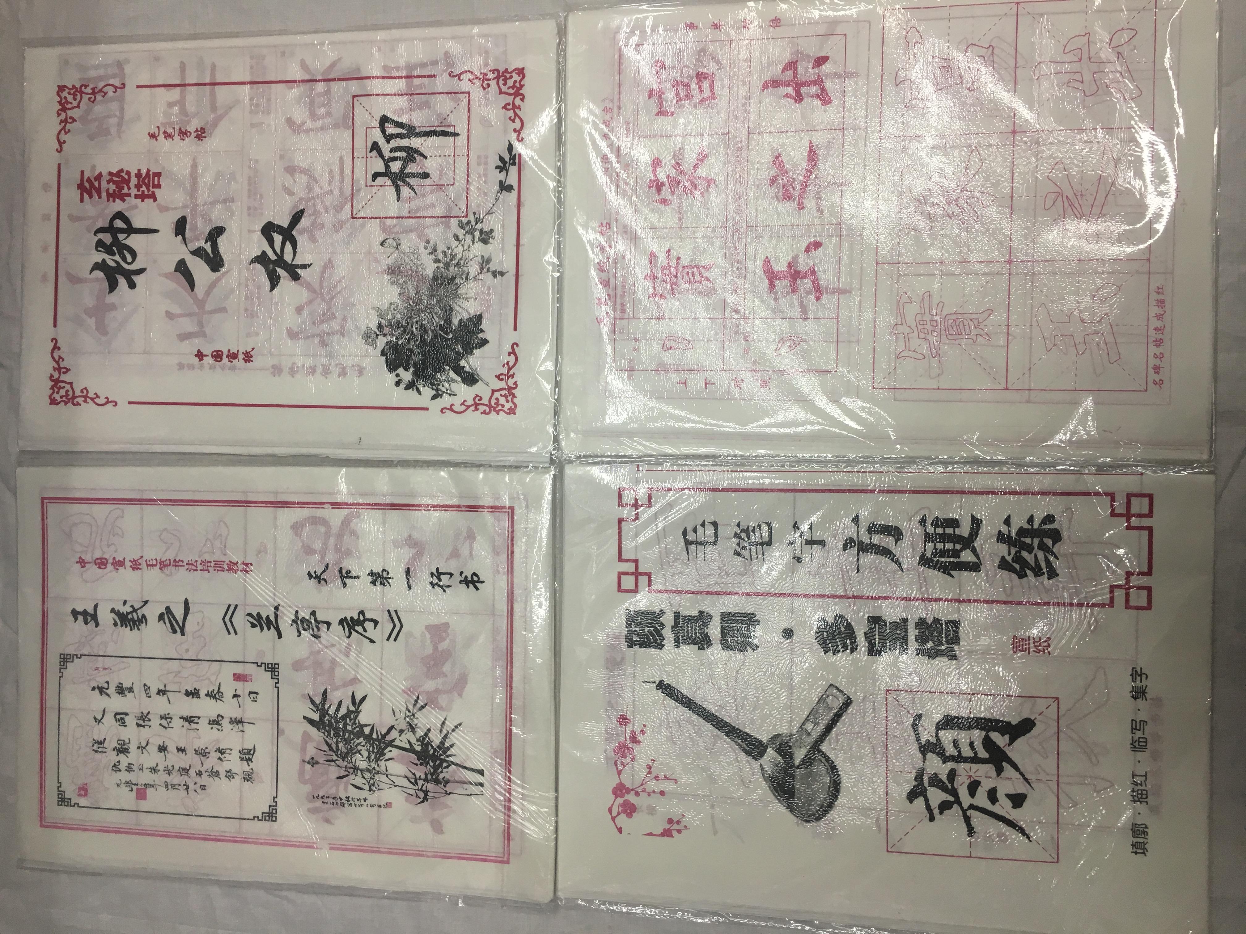School students and children practice writing brush, calligraphy, red paper copy yan ouliu wang font