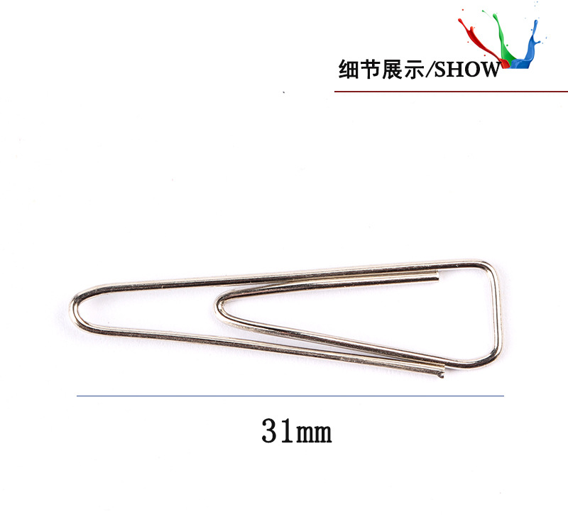 Manufacturer direct shot silver nickel plated color paper clip 31 mm triangle metal paper clip data fixation needle Manufacturer direct shot silver nickel plated color paper clip 31 mm triangle metal paper clip data fixation needle