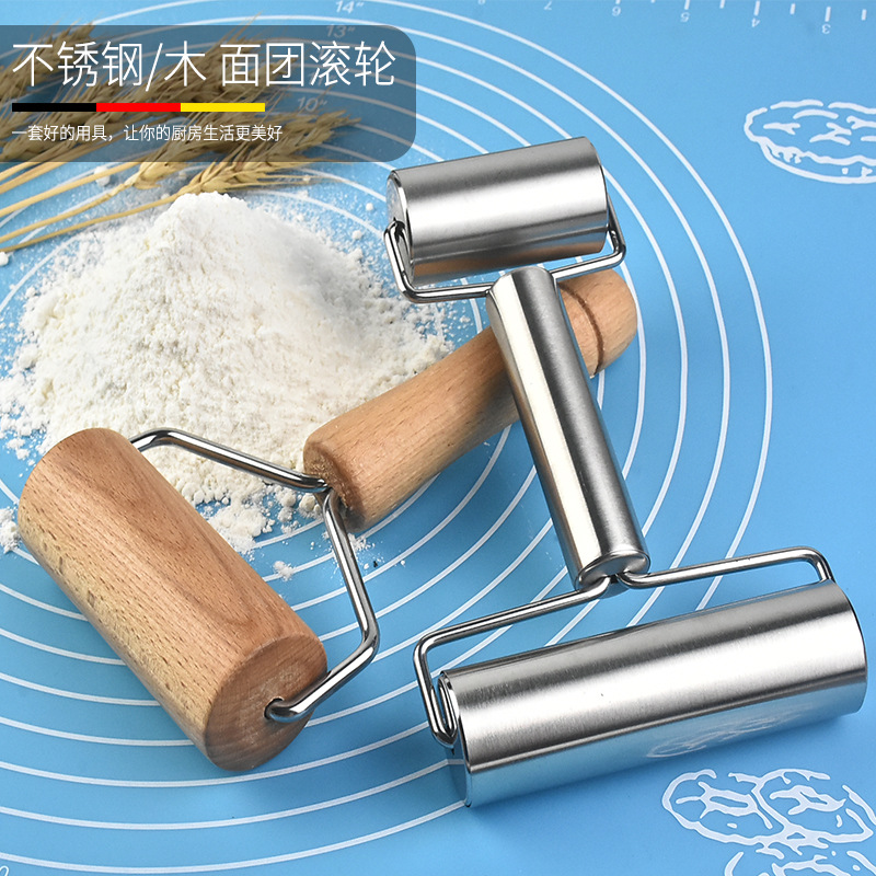 Factory Direct Sales Double-Headed Stainless Steel Roller Rolling Pin Wooden Flour Stick Kitchen Rolling Pin Rolling Pin Baking Tool