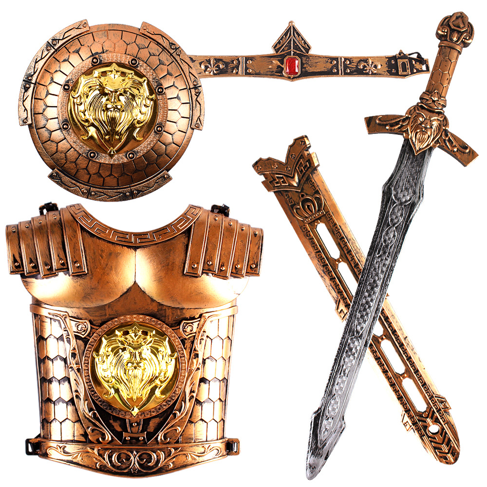 Factory Wholesale Bronze War Gear Weapon Shield Bow and Arrow Set Children Wearable Boy Toy
