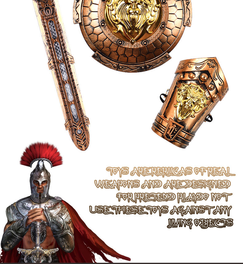 Factory Wholesale Bronze War Gear Weapon Shield Bow and Arrow Set Children Wearable Boy Toy
