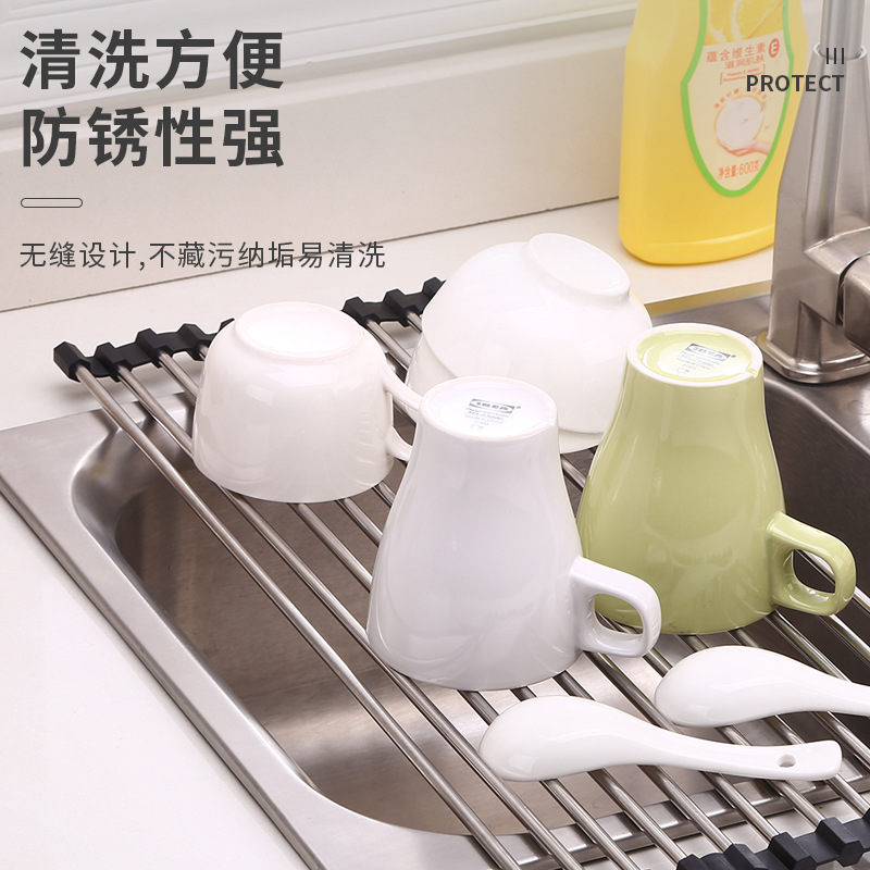 Stainless Steel Water Control Roller Shutter Sink Kitchen Storage Rack Foldable Sink Dish Storage Shelf