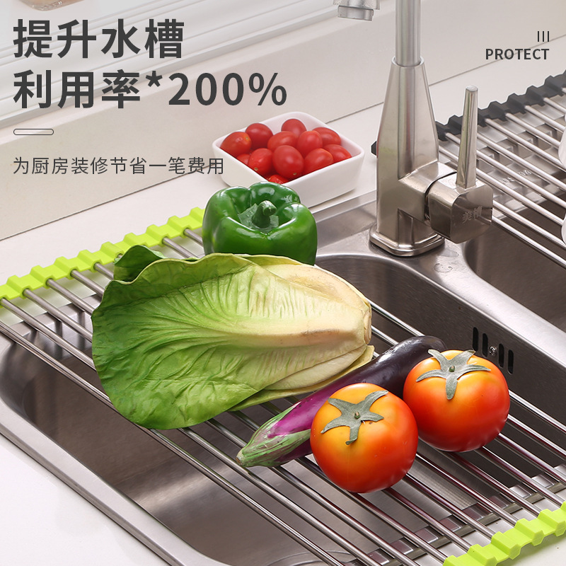 Stainless Steel Water Control Roller Shutter Sink Kitchen Storage Rack Foldable Sink Dish Storage Shelf