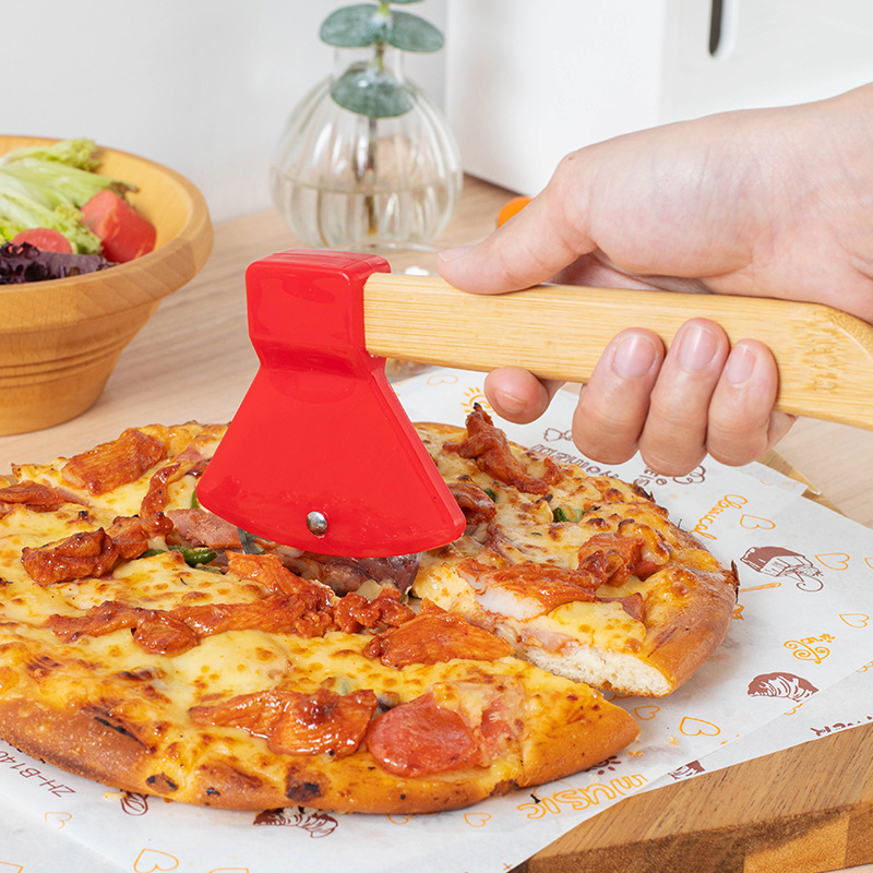 Stainless Steel Roller Pizza Cutter Creative Axe Shape Wooden Handle Pizza Cutter Pie Separator Cake Cut Knife