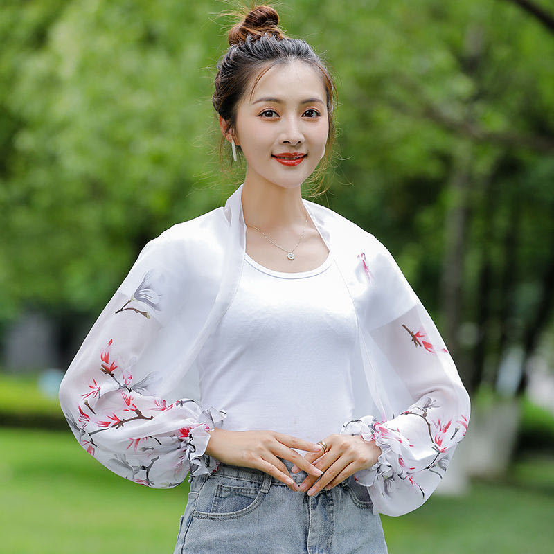 Stall Hot Summer Sun Protection Shawl Women's Chiffon Printed Scarf Long Cuff Driving Cycling UV Protection