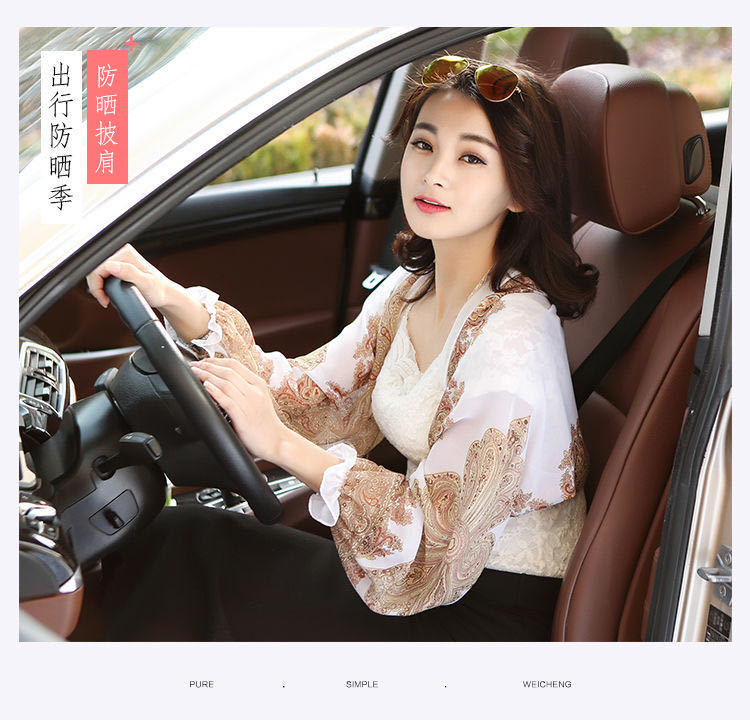 Stall Hot Summer Sun Protection Shawl Women's Chiffon Printed Scarf Long Cuff Driving Cycling UV Protection