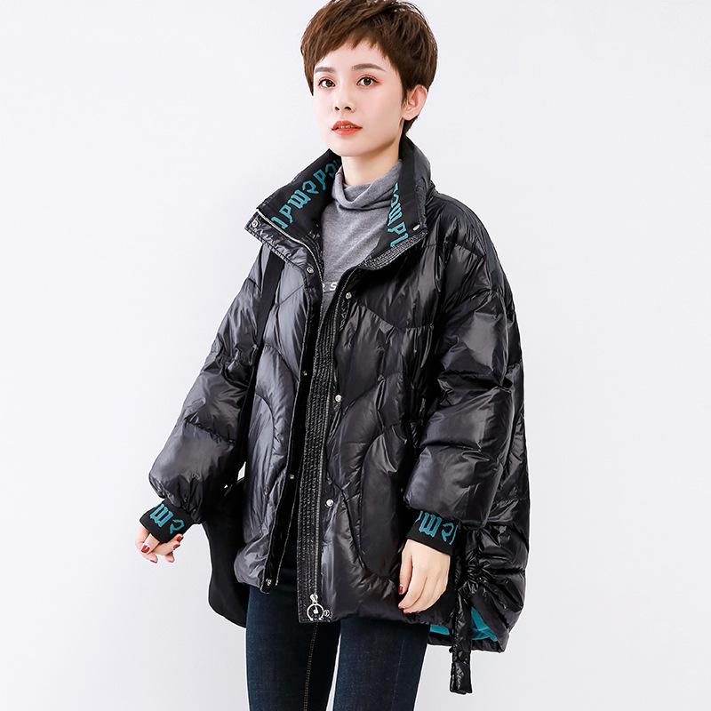 2021 New Korean Style Fashionable Warm Jacket down Jacket Women&#039;s Short Cuff Letters Thick Loose Stand Collar