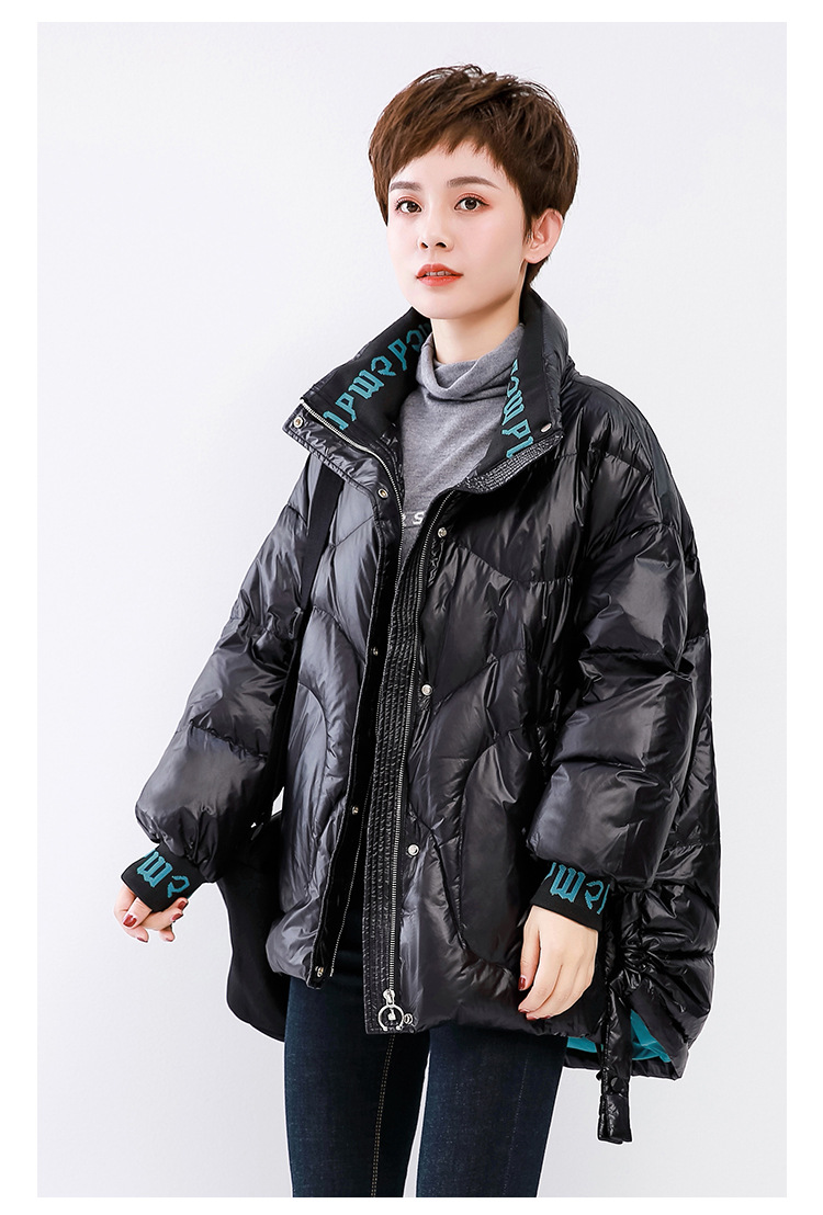 2021 New Korean Style Fashionable Warm Jacket down Jacket Women's Short Cuff Letters Thick Loose Stand Collar