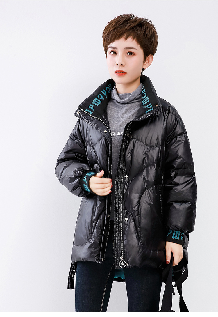 2021 New Korean Style Fashionable Warm Jacket down Jacket Women's Short Cuff Letters Thick Loose Stand Collar