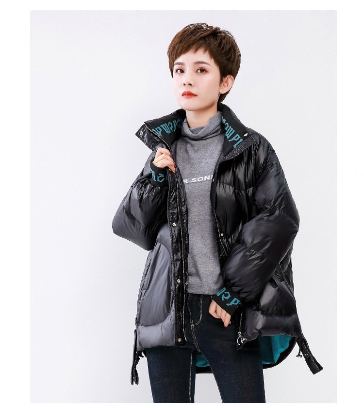 2021 New Korean Style Fashionable Warm Jacket down Jacket Women's Short Cuff Letters Thick Loose Stand Collar