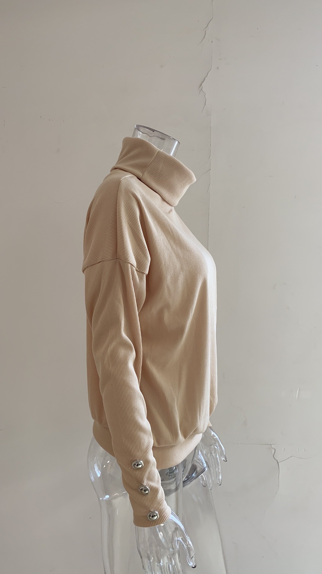 Europe and America Cross Border Autumn and Winter New Striped Turtleneck Cuff Button Sweater Solid Color Casual Loose-Fitting Oversized Sweater Women Europe and America Cross Border Autumn and Winter New Striped Turtleneck Cuff Button Sweater Solid Color Casual Loose-Fitting Oversized Sweater Women